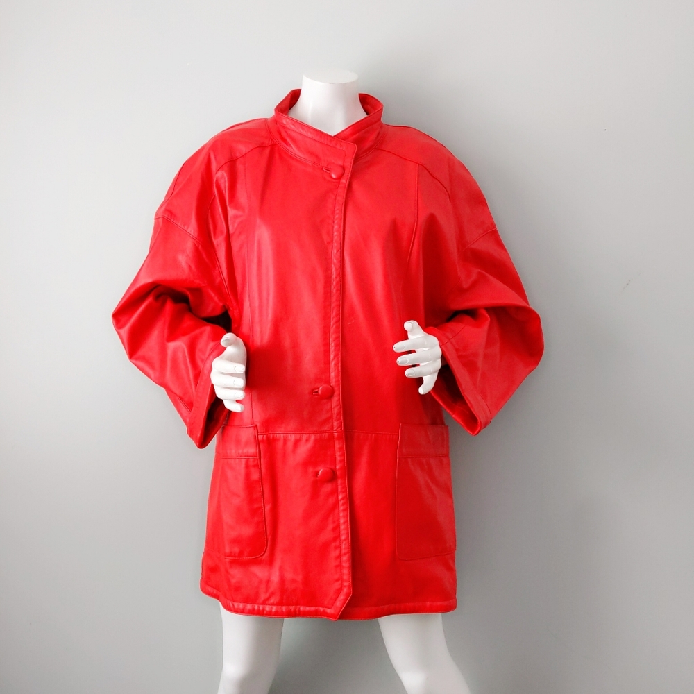 Vtg Italian Red Leather Oversized Coat 50 L XL